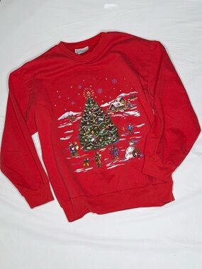 Basic Editions - Vintage Red Christmas Tree Crewneck Sweater